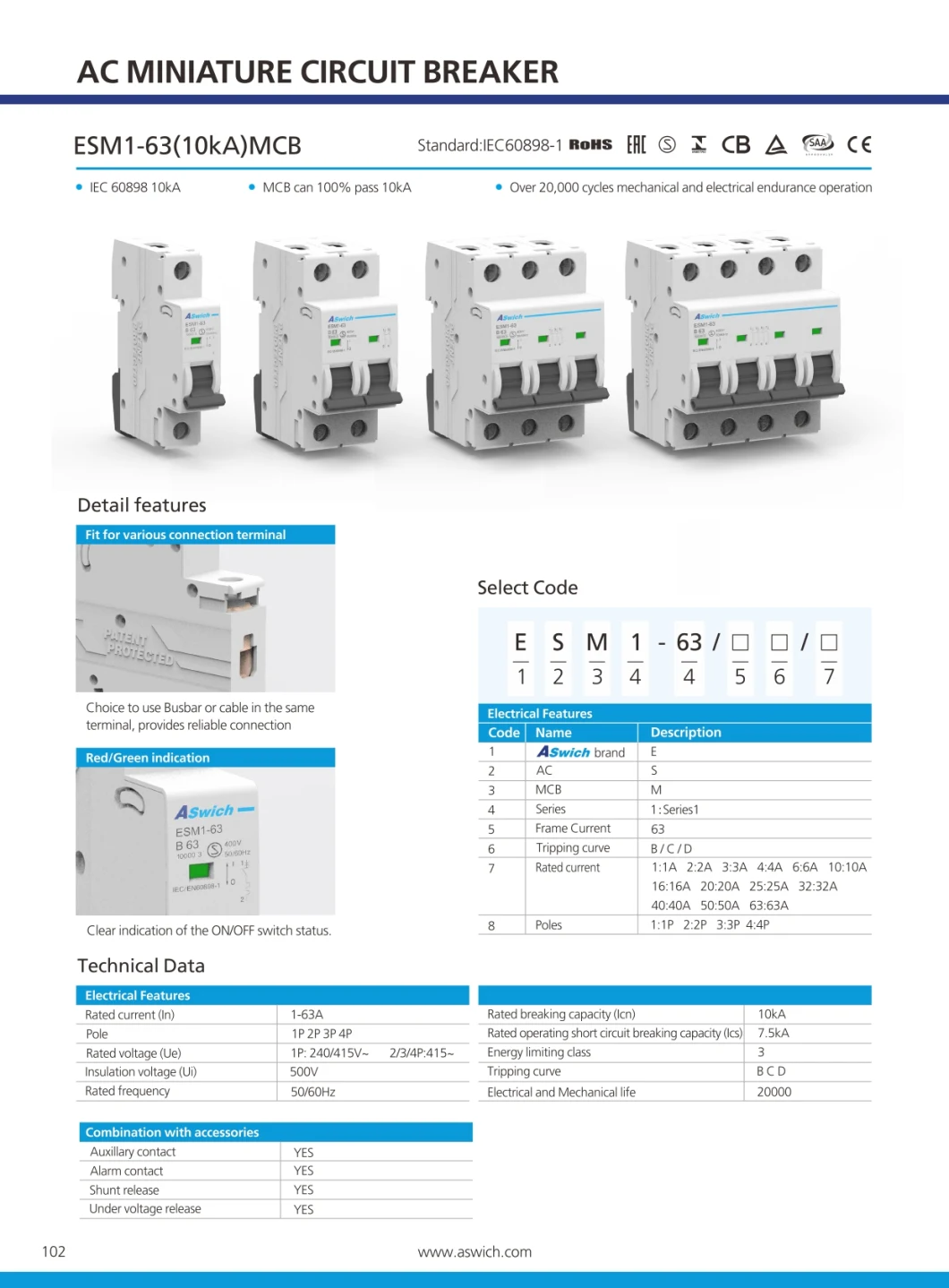 Aswich Esm1-63 Mini Circuit Breaker 3p 63A AC240~415V MCB