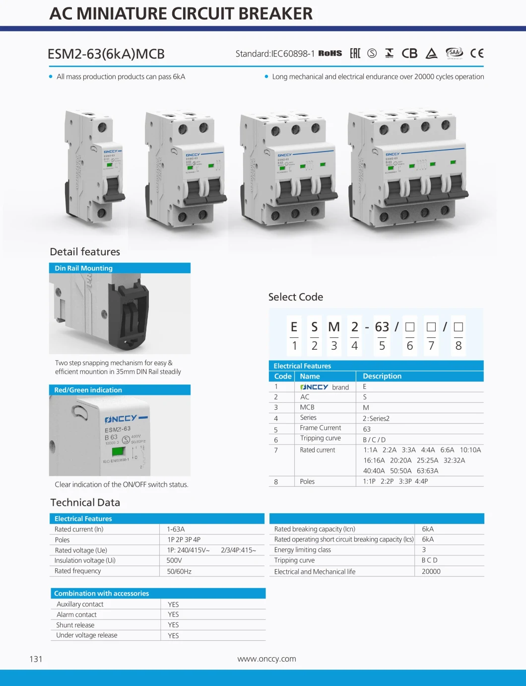 High Quality AC Circuit Breaker MCB B/C/D Curve 1p 2p 3p 4p 240/415V~ 63A 10ka PV Solar System